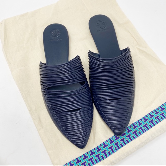 navy blue leather mules